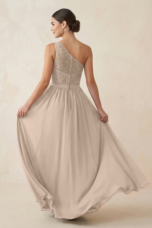 One - Shoulder Lace Chiffon A - Line Bridesmaid Dress in Almond - KissProm Bridesmaid Dresses