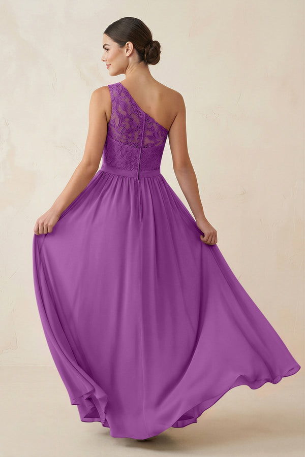 One - Shoulder Lace Chiffon A - Line Bridesmaid Dress in Amethyst - KissProm Bridesmaid Dresses