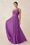 One - Shoulder Lace Chiffon A - Line Bridesmaid Dress in Amethyst - KissProm Bridesmaid Dresses