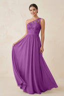 One - Shoulder Lace Chiffon A - Line Bridesmaid Dress in Amethyst - KissProm Bridesmaid Dresses