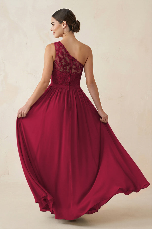 One - Shoulder Lace Chiffon A - Line Bridesmaid Dress in Berry - KissProm Bridesmaid Dresses