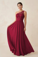 One - Shoulder Lace Chiffon A - Line Bridesmaid Dress in Berry - KissProm Bridesmaid Dresses