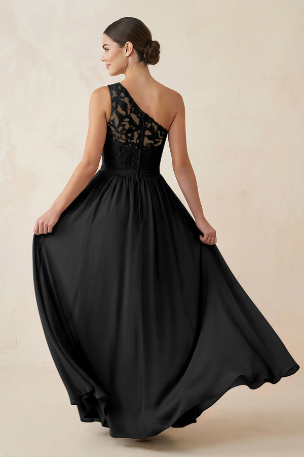 One - Shoulder Lace Chiffon A - Line Bridesmaid Dress in Black - KissProm Bridesmaid Dresses