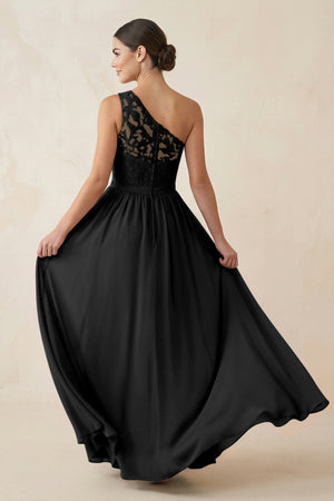 One - Shoulder Lace Chiffon A - Line Bridesmaid Dress in Black - KissProm Bridesmaid Dresses