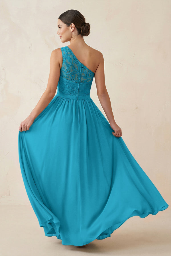 One - Shoulder Lace Chiffon A - Line Bridesmaid Dress in Blue Jay - KissProm Bridesmaid Dresses