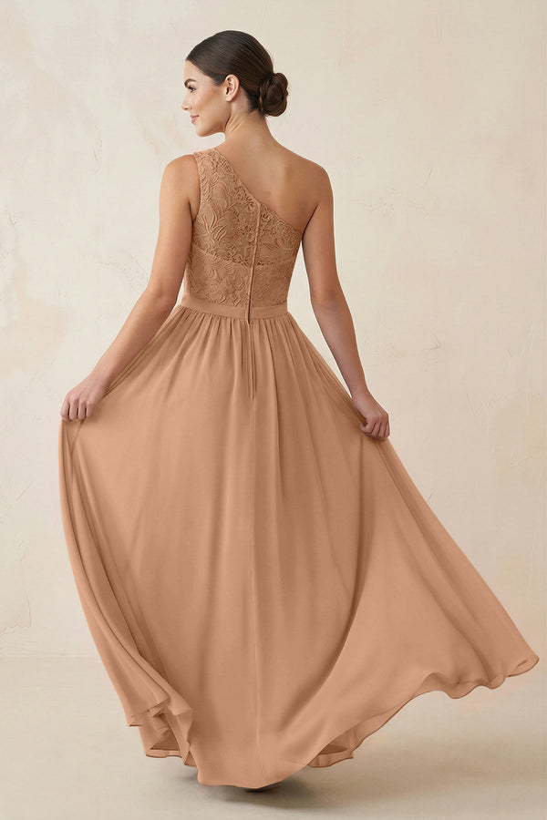 One - Shoulder Lace Chiffon A - Line Bridesmaid Dress in Bronzer - KissProm Bridesmaid Dresses