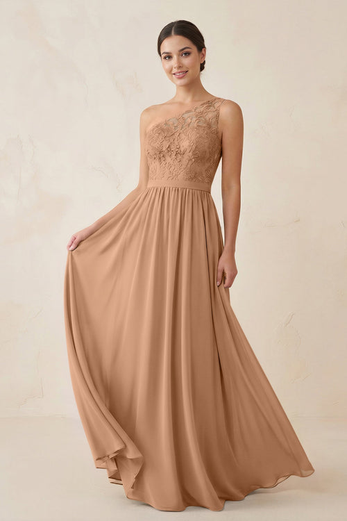 One - Shoulder Lace Chiffon A - Line Bridesmaid Dress in Bronzer - KissProm Bridesmaid Dresses