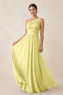 One - Shoulder Lace Chiffon A - Line Bridesmaid Dress in Buttercup - KissProm Bridesmaid Dresses