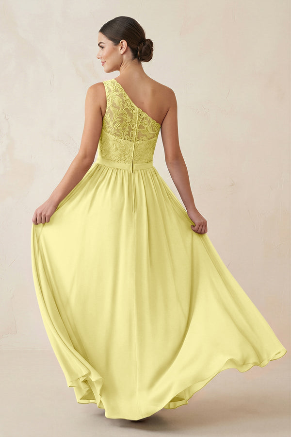 One - Shoulder Lace Chiffon A - Line Bridesmaid Dress in Buttercup - KissProm Bridesmaid Dresses