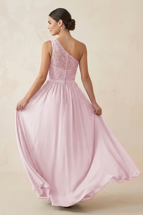 One - Shoulder Lace Chiffon A - Line Bridesmaid Dress in Candy Pink - KissProm Bridesmaid Dresses