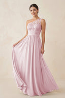 One - Shoulder Lace Chiffon A - Line Bridesmaid Dress in Candy Pink - KissProm Bridesmaid Dresses