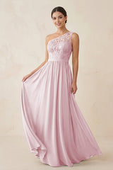 One - Shoulder Lace Chiffon A - Line Bridesmaid Dress in Candy Pink - KissProm Bridesmaid Dresses