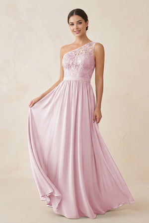 One - Shoulder Lace Chiffon A - Line Bridesmaid Dress in Candy Pink - KissProm Bridesmaid Dresses