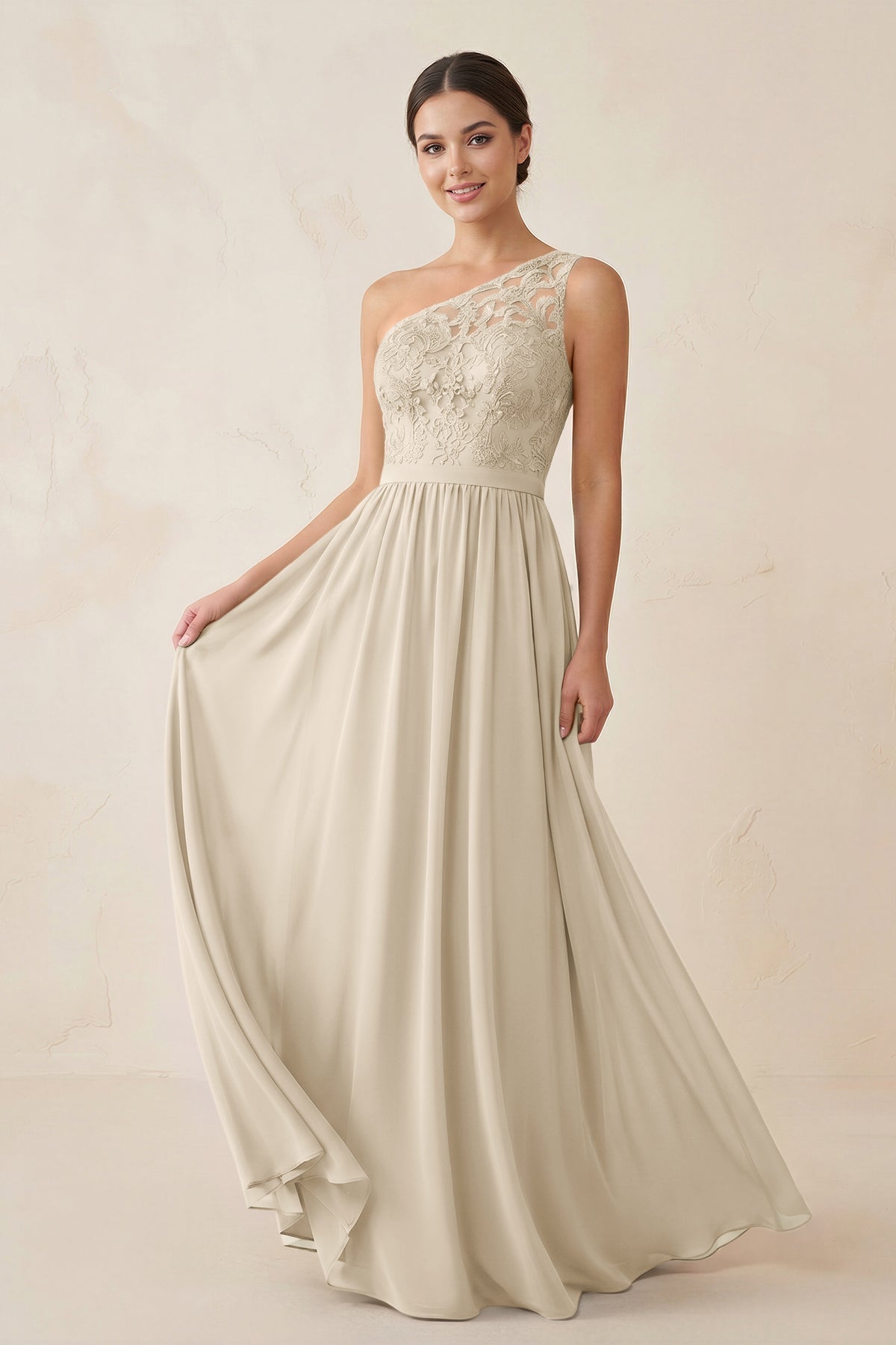 KissProm One-Shoulder Lace Chiffon A-Line Bridesmaid Dress in Champagne, Champagne / 6