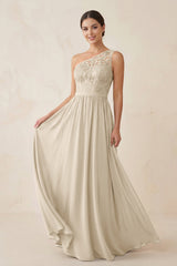 One - Shoulder Lace Chiffon A - Line Bridesmaid Dress in Champagne - KissProm Bridesmaid Dresses