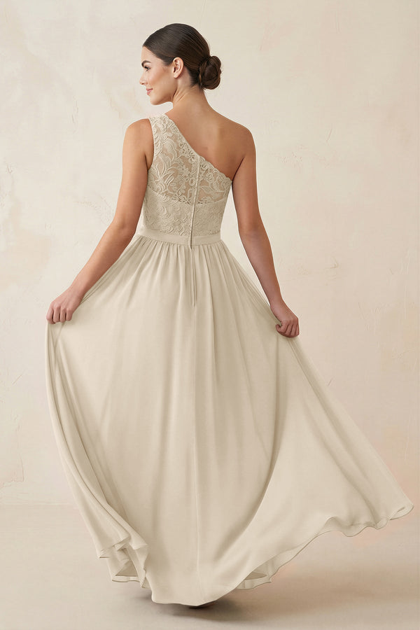 One - Shoulder Lace Chiffon A - Line Bridesmaid Dress in Champagne - KissProm Bridesmaid Dresses