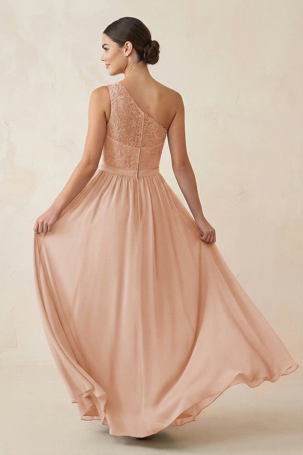One - Shoulder Lace Chiffon A - Line Bridesmaid Dress in Champagne Rose - KissProm Bridesmaid Dresses