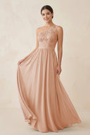 One - Shoulder Lace Chiffon A - Line Bridesmaid Dress in Champagne Rose - KissProm Bridesmaid Dresses