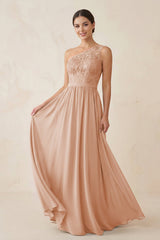 One - Shoulder Lace Chiffon A - Line Bridesmaid Dress in Champagne Rose - KissProm Bridesmaid Dresses