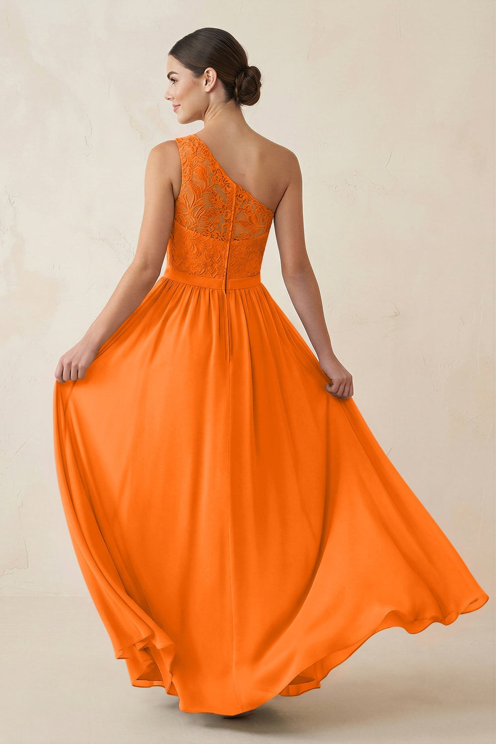 One - Shoulder Lace Chiffon A - Line Bridesmaid Dress in Cinnamon - KissProm Bridesmaid Dresses
