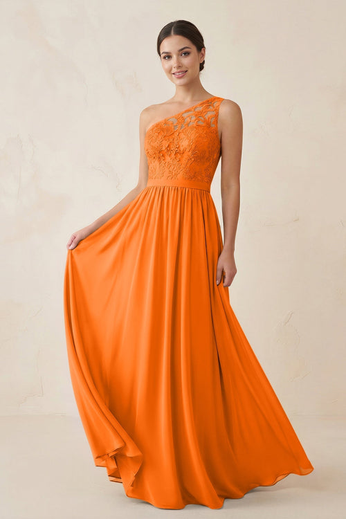 One - Shoulder Lace Chiffon A - Line Bridesmaid Dress in Cinnamon - KissProm Bridesmaid Dresses