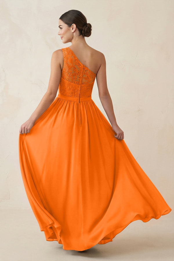 One - Shoulder Lace Chiffon A - Line Bridesmaid Dress in Cinnamon - KissProm Bridesmaid Dresses