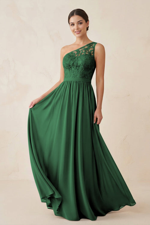 One - Shoulder Lace Chiffon A - Line Bridesmaid Dress in Dark Green - KissProm Bridesmaid Dresses