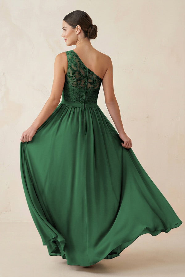 One - Shoulder Lace Chiffon A - Line Bridesmaid Dress in Dark Green - KissProm Bridesmaid Dresses