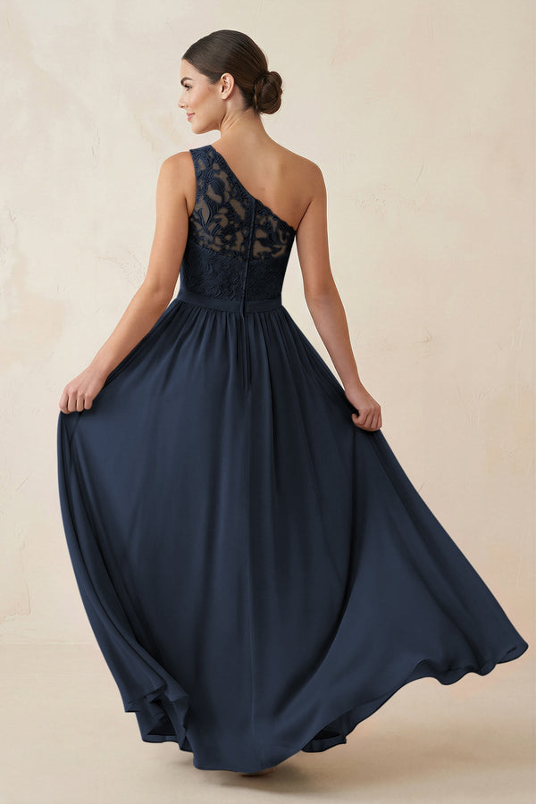 One - Shoulder Lace Chiffon A - Line Bridesmaid Dress in Dark Navy - KissProm Bridesmaid Dresses