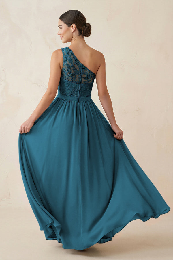 One - Shoulder Lace Chiffon A - Line Bridesmaid Dress in Dark Teal - KissProm Bridesmaid Dresses
