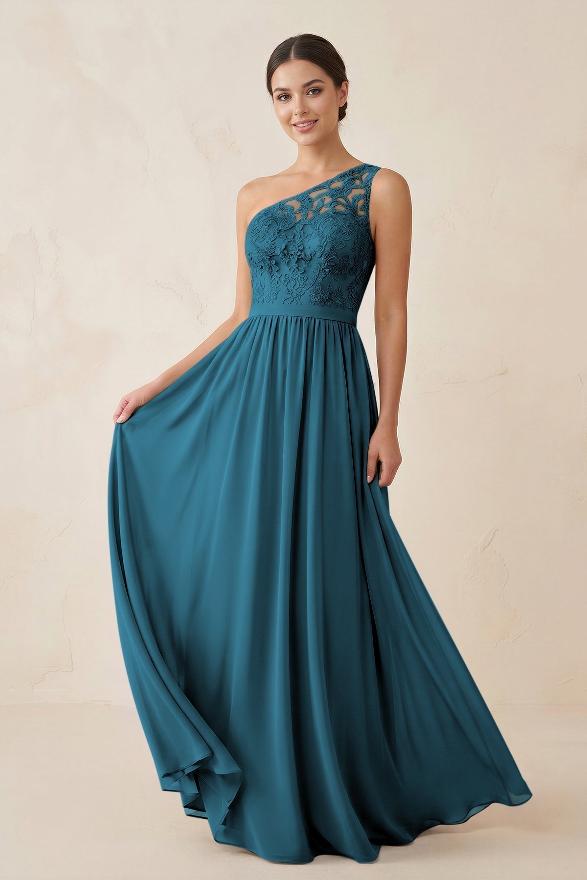 KissProm One-Shoulder Lace Chiffon A-Line Bridesmaid Dress in Dark Teal, Dark Teal / 4