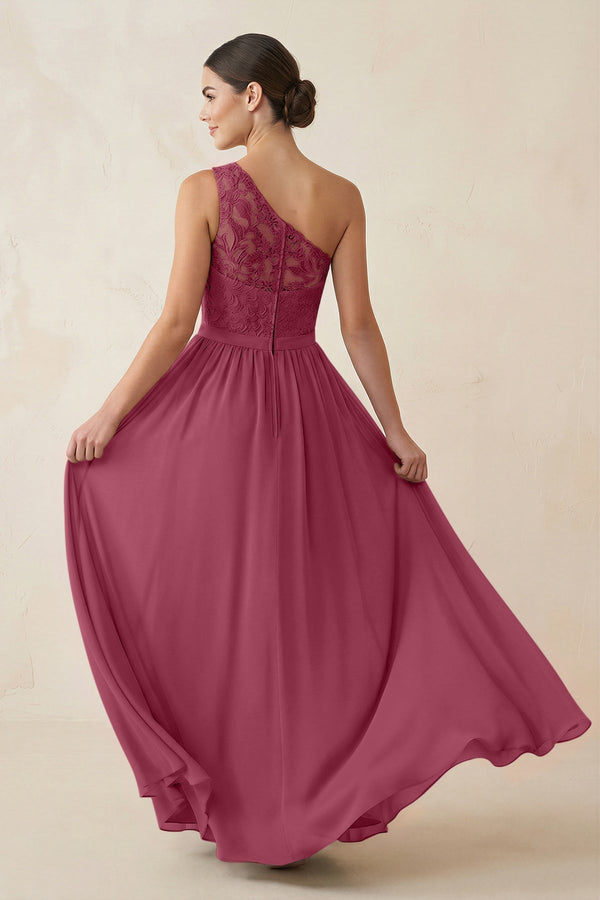One - Shoulder Lace Chiffon A - Line Bridesmaid Dress in Desert Rose - KissProm Bridesmaid Dresses