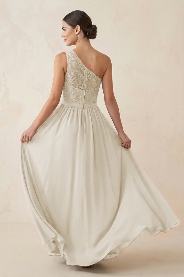 One - Shoulder Lace Chiffon A - Line Bridesmaid Dress in Dove Gray - KissProm Bridesmaid Dresses