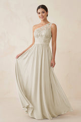 One - Shoulder Lace Chiffon A - Line Bridesmaid Dress in Dove Gray - KissProm Bridesmaid Dresses