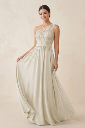 One - Shoulder Lace Chiffon A - Line Bridesmaid Dress in Dove Gray - KissProm Bridesmaid Dresses