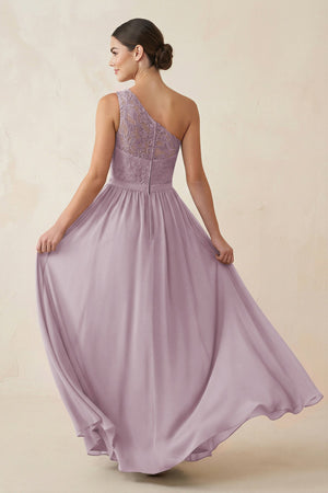 One - Shoulder Lace Chiffon A - Line Bridesmaid Dress in Dusk - KissProm Bridesmaid Dresses