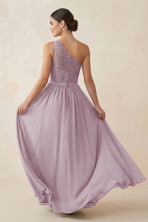 One - Shoulder Lace Chiffon A - Line Bridesmaid Dress in Dusk - KissProm Bridesmaid Dresses