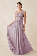 One - Shoulder Lace Chiffon A - Line Bridesmaid Dress in Dusk - KissProm Bridesmaid Dresses