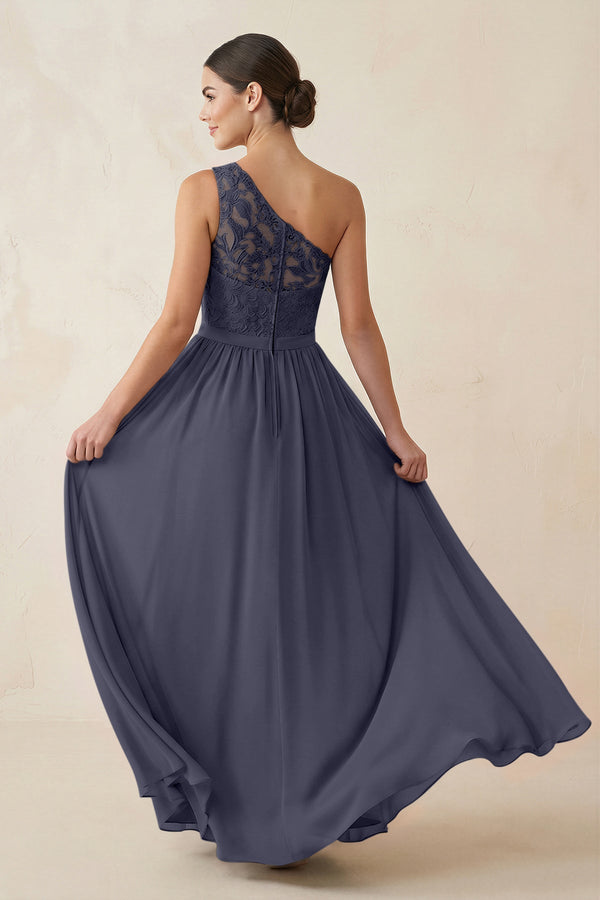 One - Shoulder Lace Chiffon A - Line Bridesmaid Dress in Dusk Blue - KissProm Bridesmaid Dresses