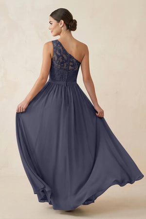 One - Shoulder Lace Chiffon A - Line Bridesmaid Dress in Dusk Blue - KissProm Bridesmaid Dresses