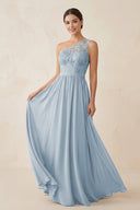 One - Shoulder Lace Chiffon A - Line Bridesmaid Dress in Dusty Blue - KissProm Bridesmaid Dresses
