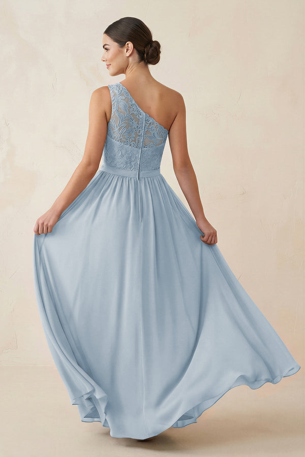 One - Shoulder Lace Chiffon A - Line Bridesmaid Dress in Dusty Blue - KissProm Bridesmaid Dresses