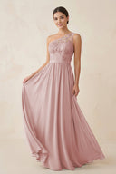 One - Shoulder Lace Chiffon A - Line Bridesmaid Dress in Dusty Rose - KissProm Bridesmaid Dresses