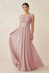 One - Shoulder Lace Chiffon A - Line Bridesmaid Dress in Dusty Rose - KissProm Bridesmaid Dresses