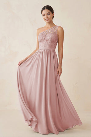 One - Shoulder Lace Chiffon A - Line Bridesmaid Dress in Dusty Rose - KissProm Bridesmaid Dresses
