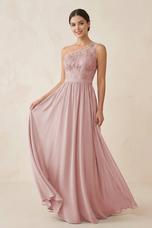One - Shoulder Lace Chiffon A - Line Bridesmaid Dress in Dusty Rose - KissProm Bridesmaid Dresses