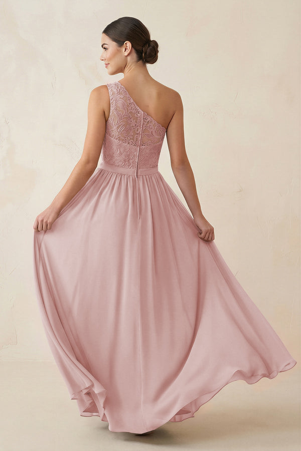 One - Shoulder Lace Chiffon A - Line Bridesmaid Dress in Dusty Rose - KissProm Bridesmaid Dresses