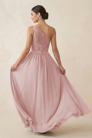 One - Shoulder Lace Chiffon A - Line Bridesmaid Dress in Dusty Rose - KissProm Bridesmaid Dresses