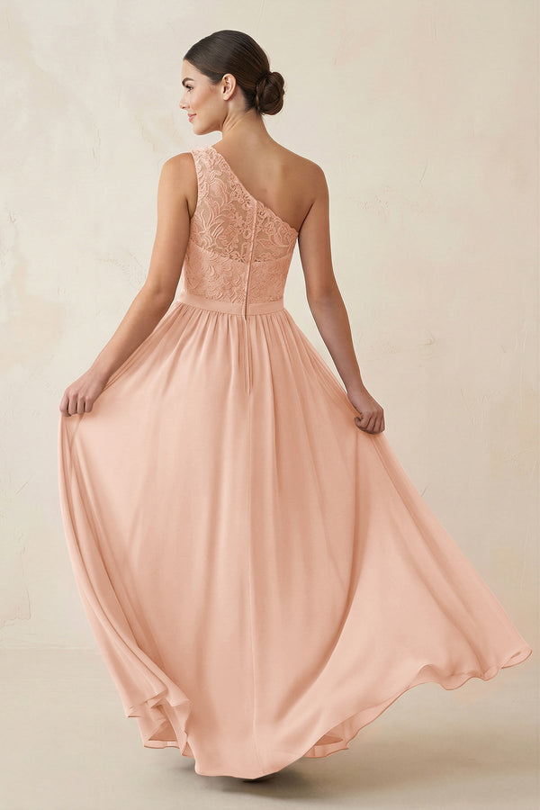 One - Shoulder Lace Chiffon A - Line Bridesmaid Dress in English Rose - KissProm Bridesmaid Dresses