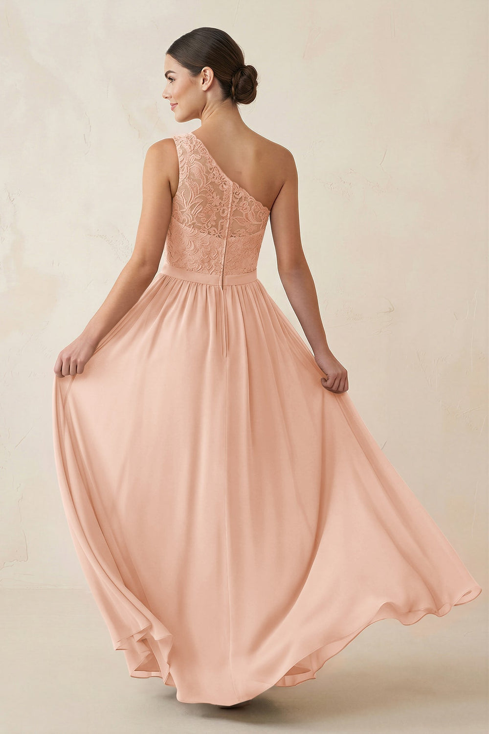 One - Shoulder Lace Chiffon A - Line Bridesmaid Dress in English Rose - KissProm Bridesmaid Dresses